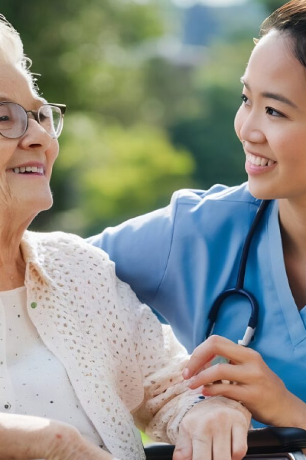 Female nurse assisting old lady in a wheelchair